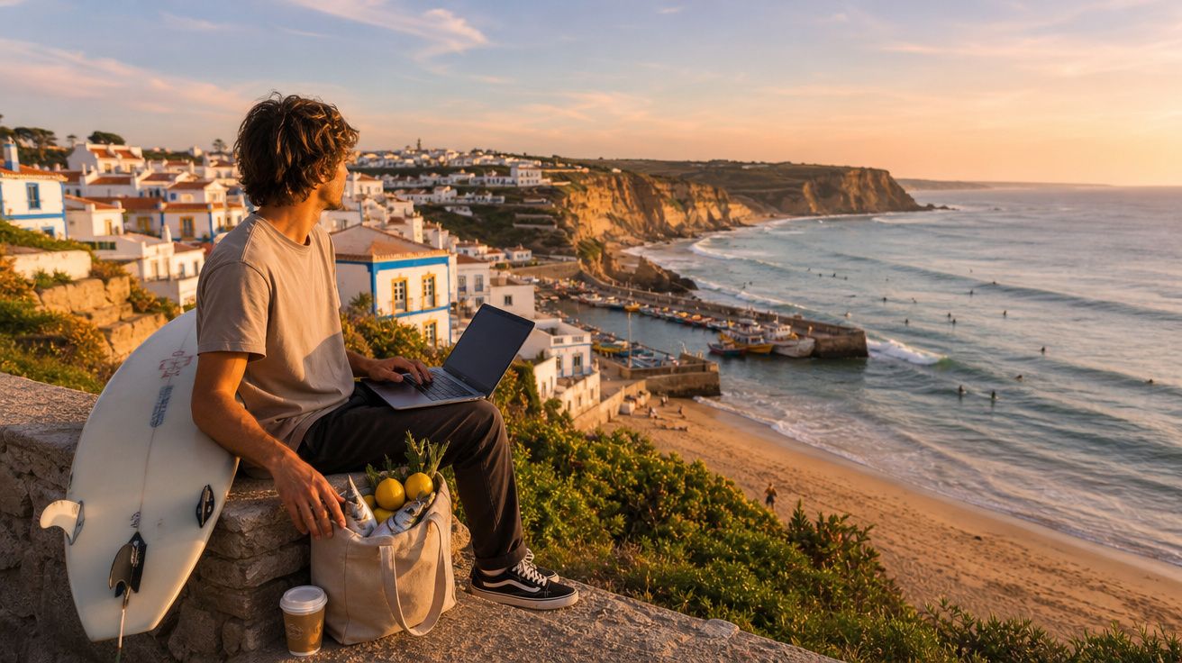 Homem com prancha de surf e computador portátil sentado numa vila costeira ao pôr do sol.