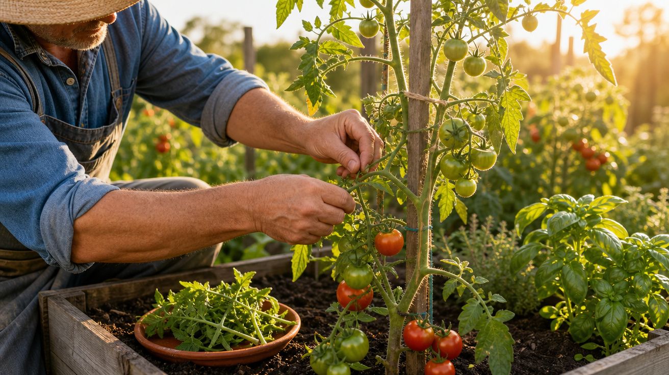 Pessoa a cuidar de tomateiras num canteiro com tomateiros carregados de frutos vermelhos e verdes ao pôr do sol.
