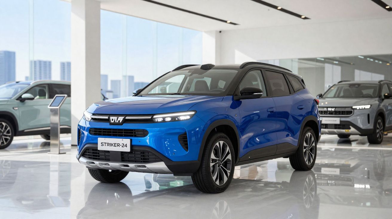 Carro SUV azul moderno com teto preto estacionado em salão de exposição automóvel com vidro panorâmico.