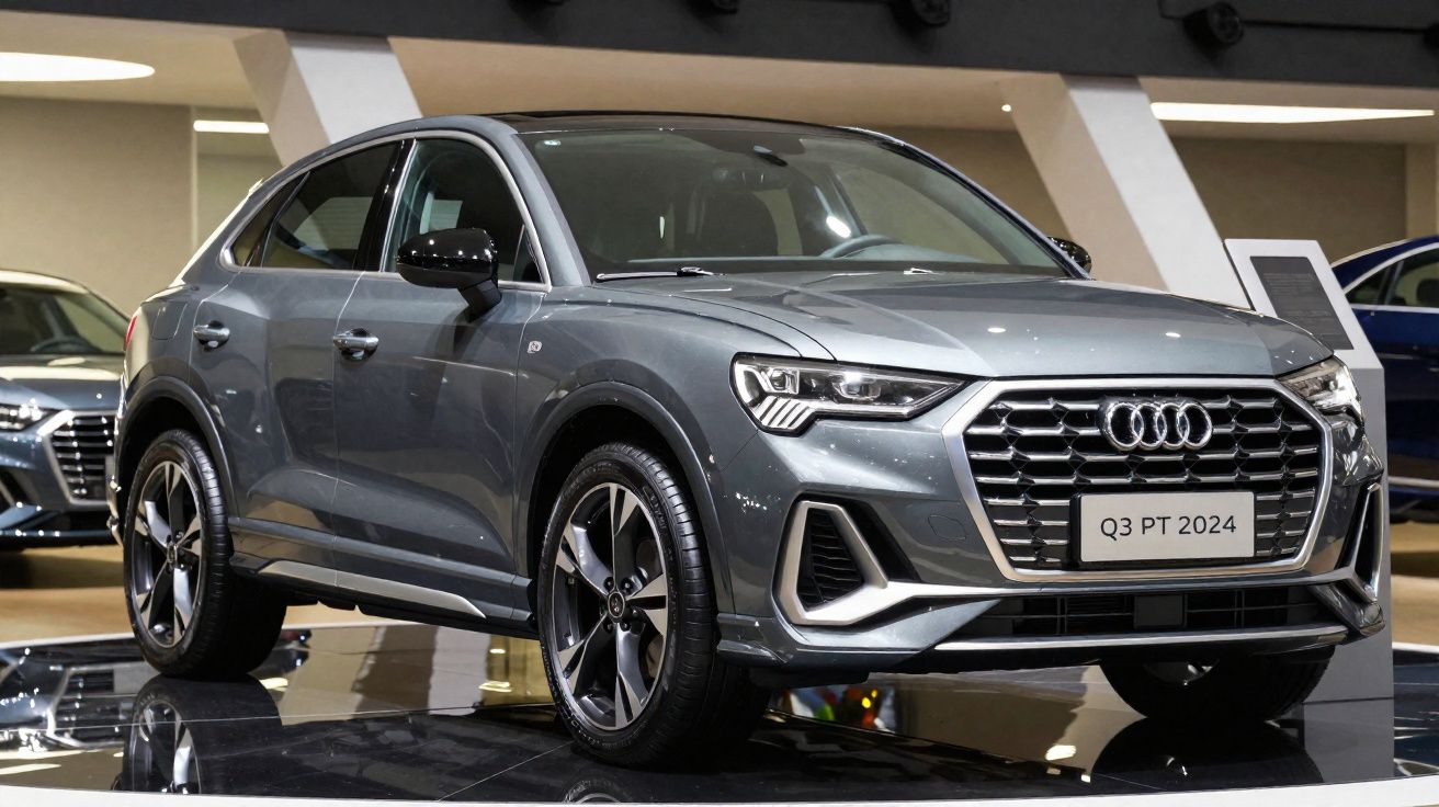Audi Q3 Cinzento Prateado 2024 em exposição numa sala moderna de showroom.