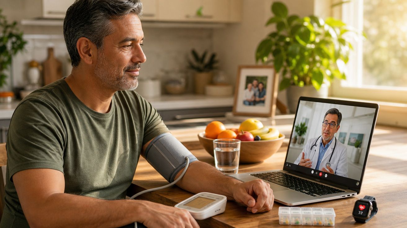 Homem a medir pressão arterial em teleconsulta com médico num computador portátil na cozinha.