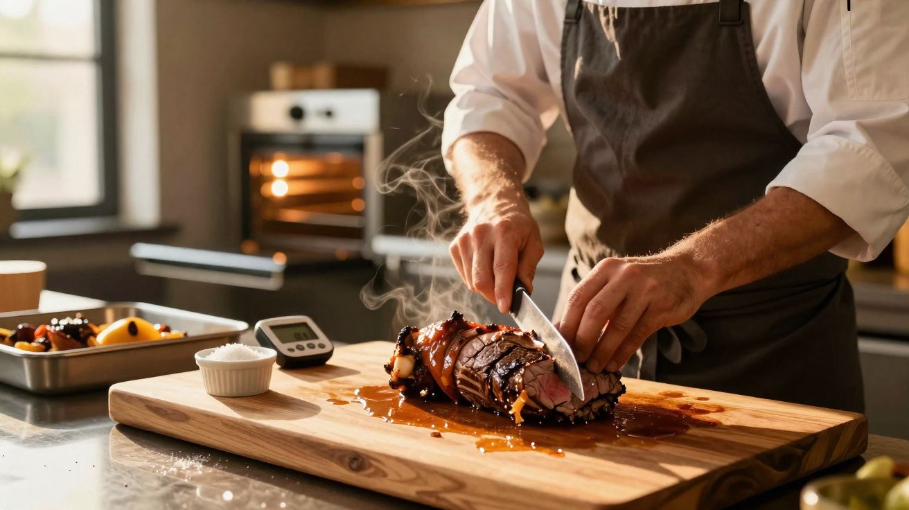Cozinheiro a cortar carne fumegante numa tábua de madeira numa cozinha moderna.