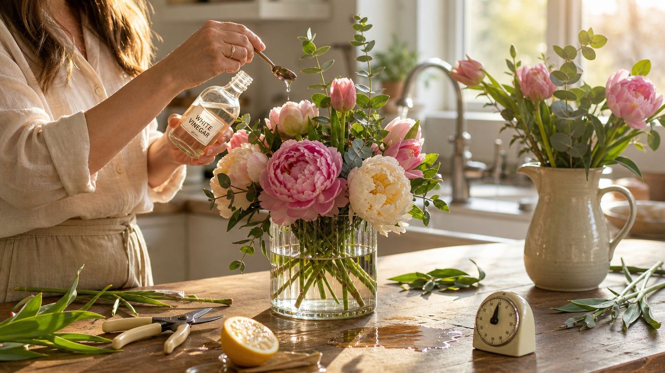 Pessoa a adicionar vinagre branco a um vaso com flores rosas e brancas numa cozinha iluminada.