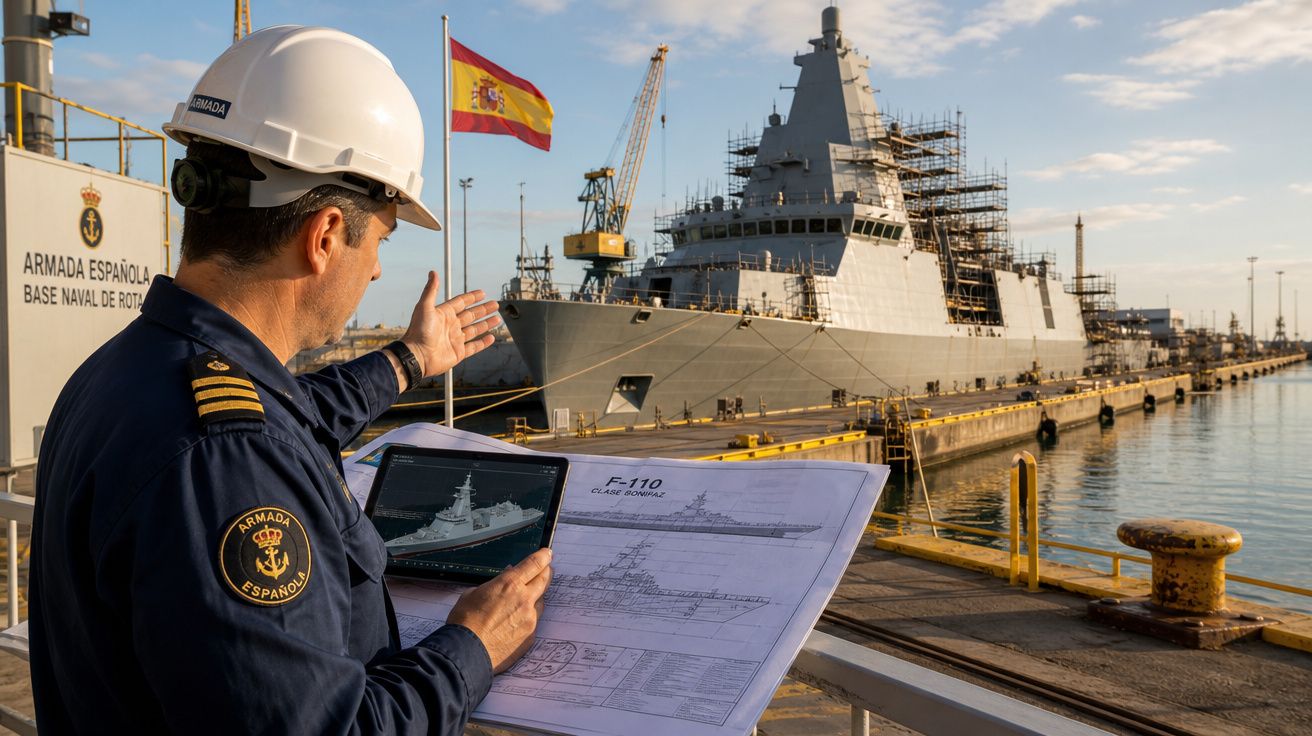 Oficial da Armada Espanhola com capacete, segurando plantas da fragata F-110 junto a um navio em estaleiro naval.
