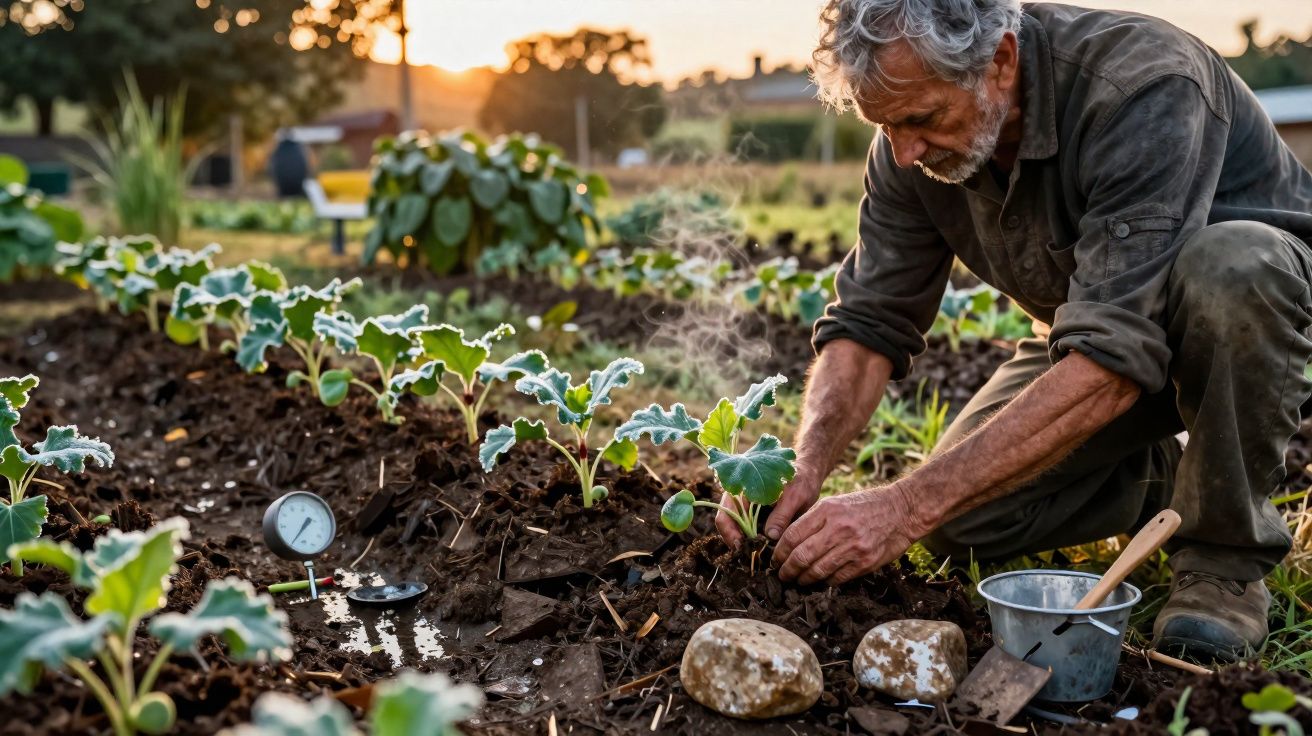 Homem idoso a cuidar de plantas numa horta ao ar livre durante o pôr do sol.
