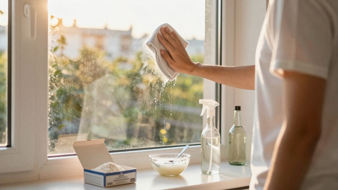 Pessoa a limpar uma janela com pano, spray e produtos de limpeza numa bancada junto à luz do dia.