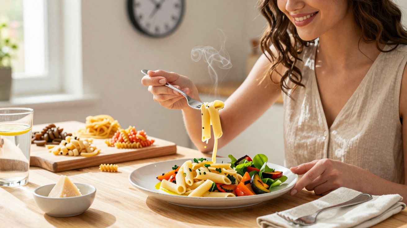 Mulher sorridente a comer massa quente com legumes frescos numa mesa iluminada pela janela.
