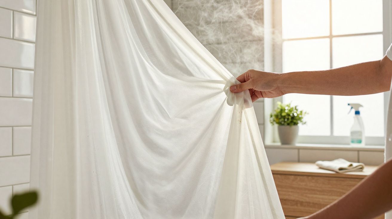 Mãos a estender roupa branca em varal dentro de uma divisão iluminada e com janela grande.