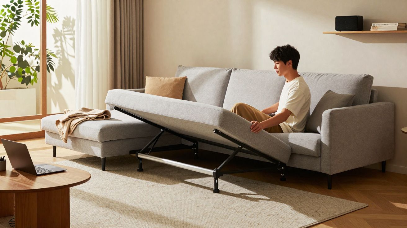 Jovem a levantar o assento de um sofá-cama cinzento numa sala iluminada e minimalista.