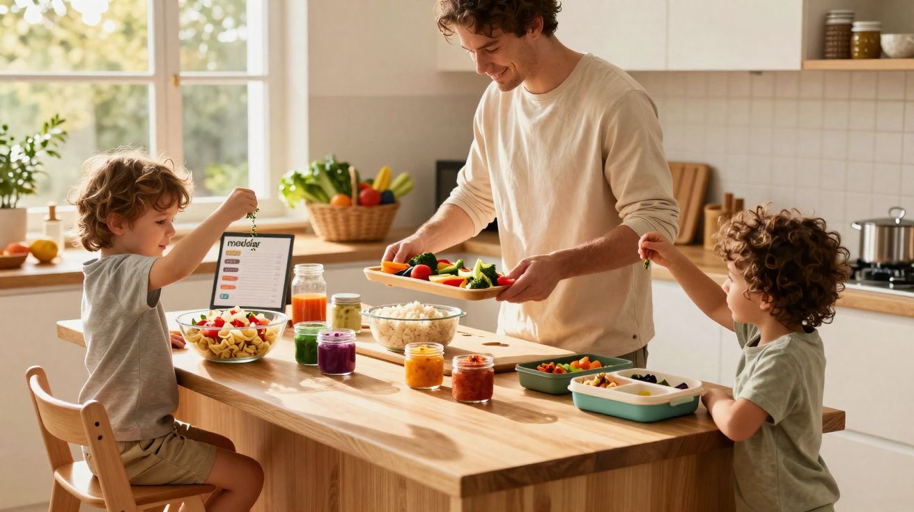 Pai com dois filhos serve salada e legumes numa cozinha luminosa e moderna.