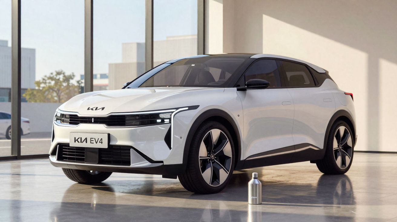 Carro elétrico branco Kia EV4 estacionado num espaço interior com grandes janelas e garrafa metálica no chão.