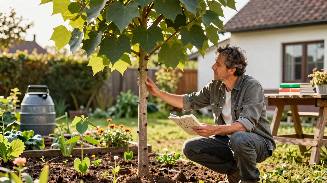 Homem a examinar uma árvore jovem num jardim, segurando um caderno com plantas e flores ao redor.