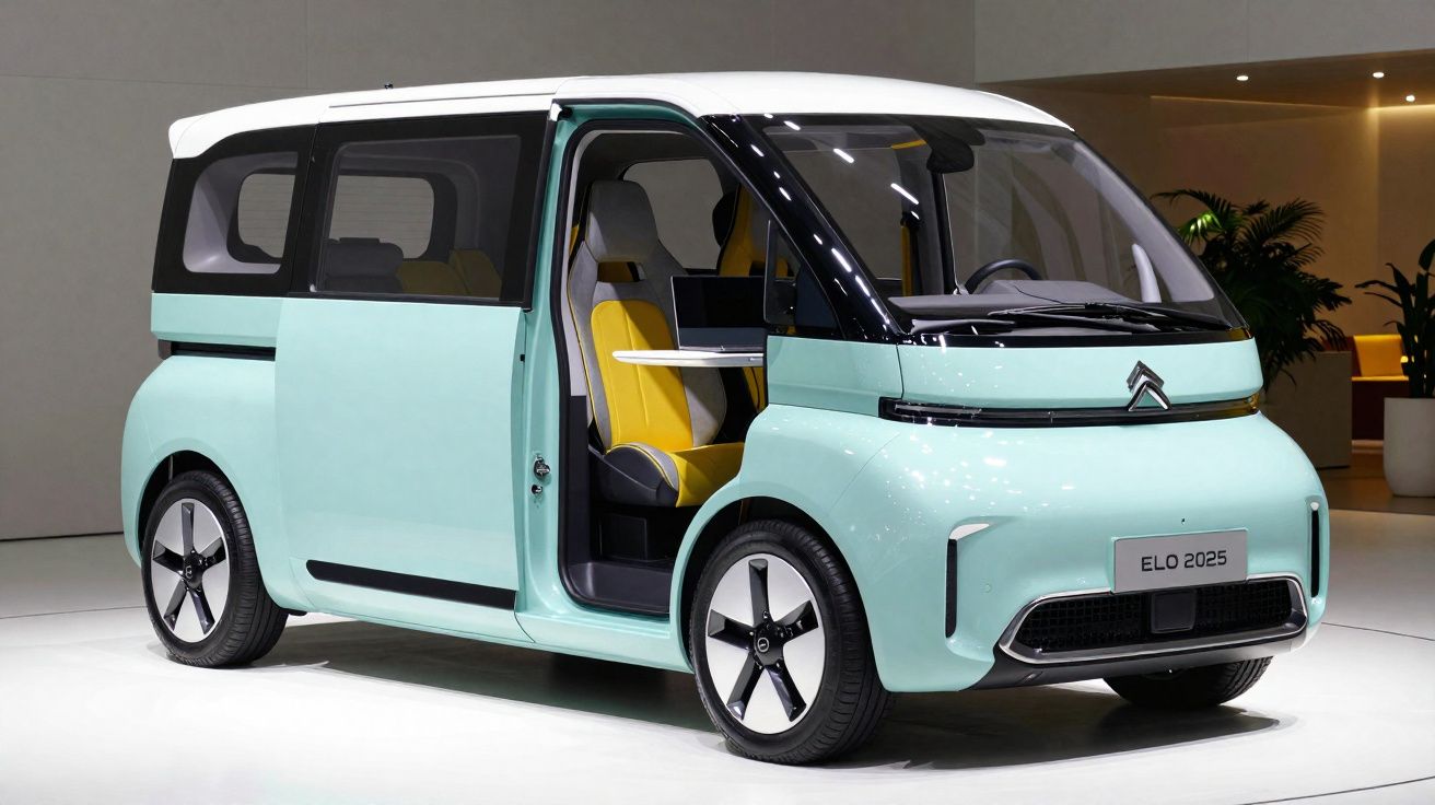 Veículo Citroën ELO 2025 elétrico de cor verde e branco, porta lateral aberta, interior com bancos amarelos.