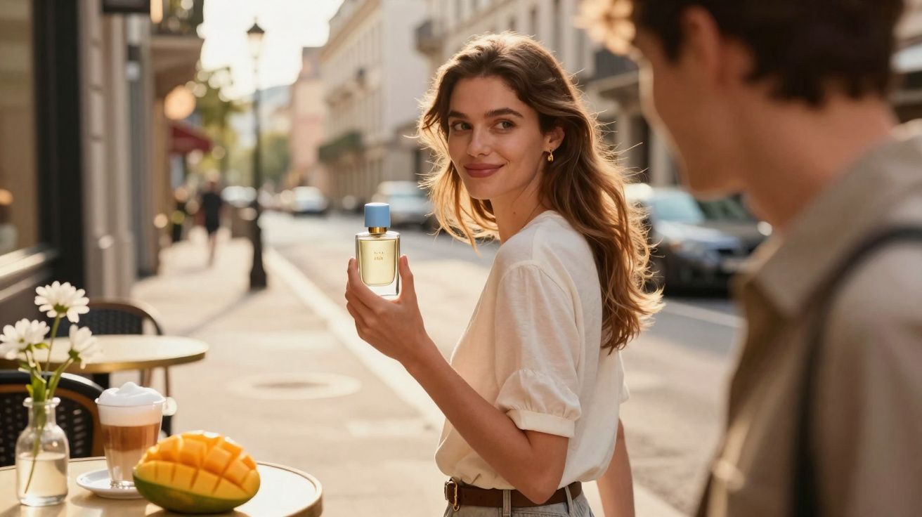Mulher sorridente segura frasco de perfume ao ar livre numa rua com café e fruta à mesa.