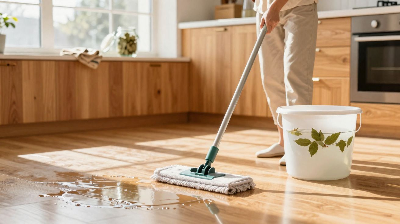 Pessoa a limpar um chão de madeira com esfregona húmida e balde branco numa cozinha moderna.