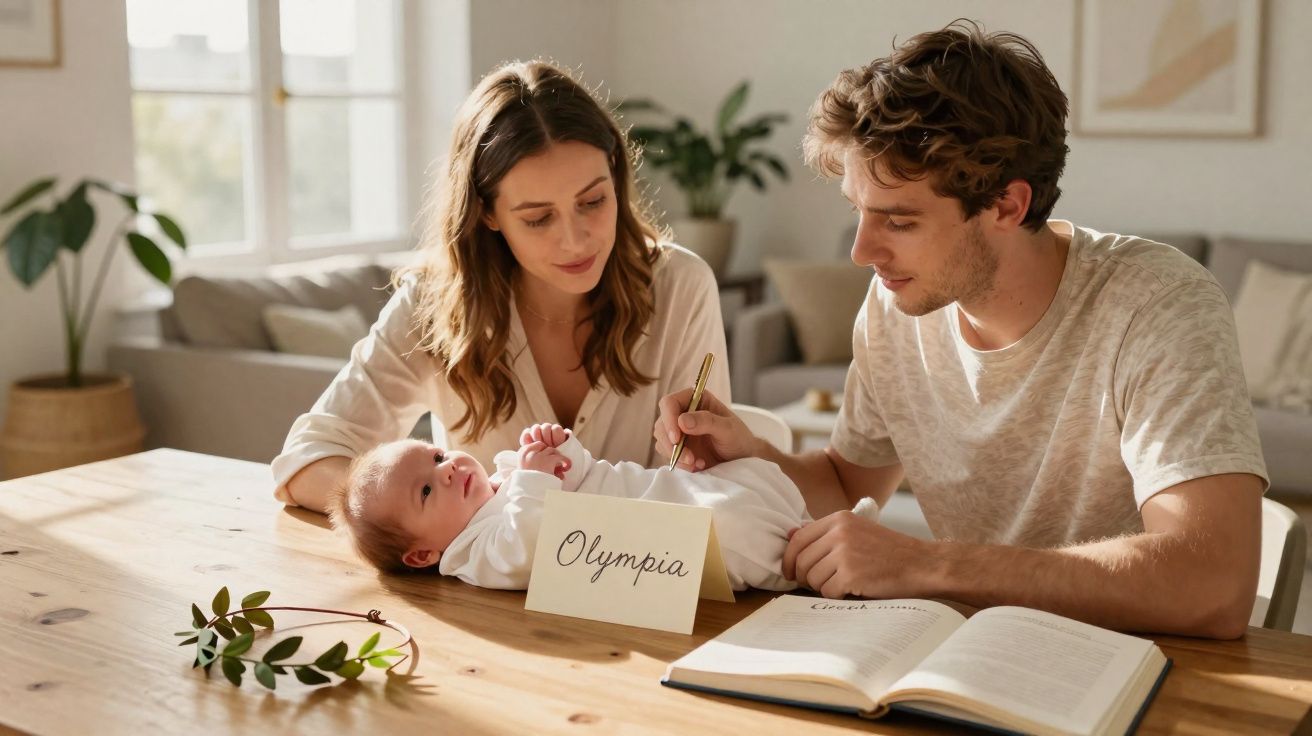Casal jovem escreve nome do bebê Olympia numa mesa de madeira com plantas ao fundo.