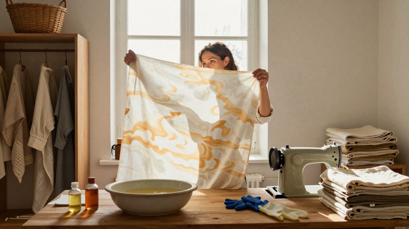 Mulher a inspecionar um tecido à luz natural numa oficina com máquina de costura e produtos de limpeza.