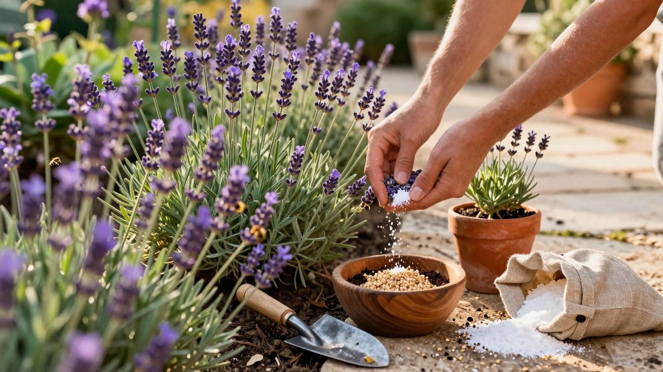 Mãos a fertilizar plantas de lavanda no jardim com luvas e utensílios de jardinagem ao lado.