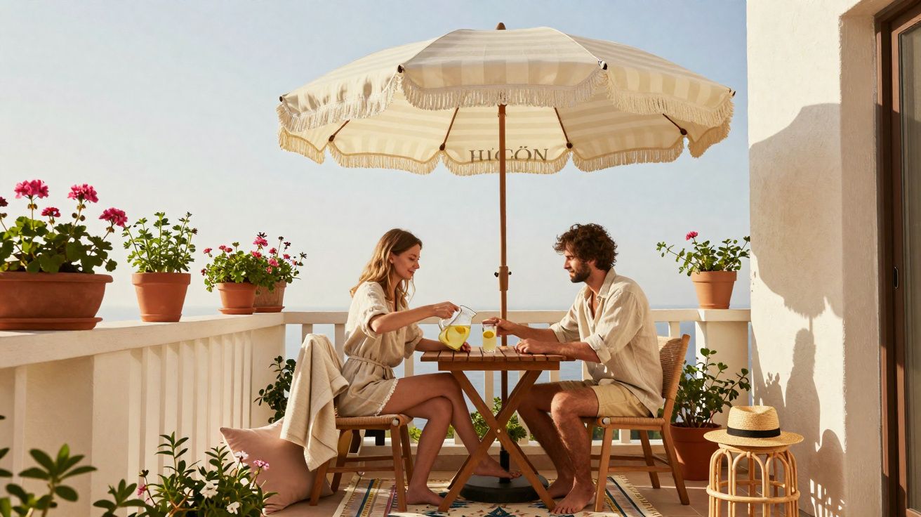 Casal sentado numa varanda ensolarada, a beber sumo sob um guarda-sol com plantas em vasos à volta.