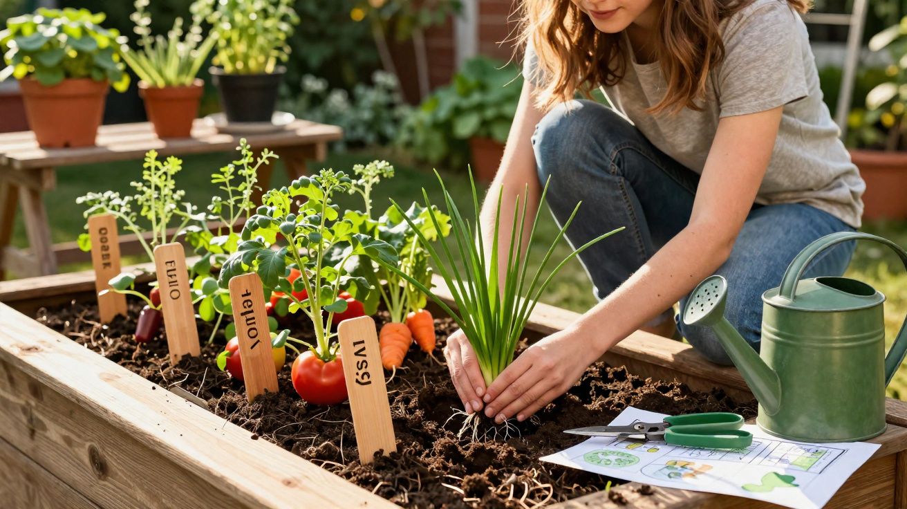 Pessoa a plantar ervas aromáticas numa horta elevada com regador e ferramentas ao lado.