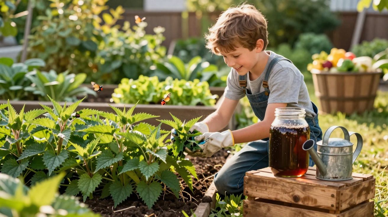 Menino a cuidar de plantas numa horta, com regador e jarro de vidro com líquido ao lado, durante o dia.
