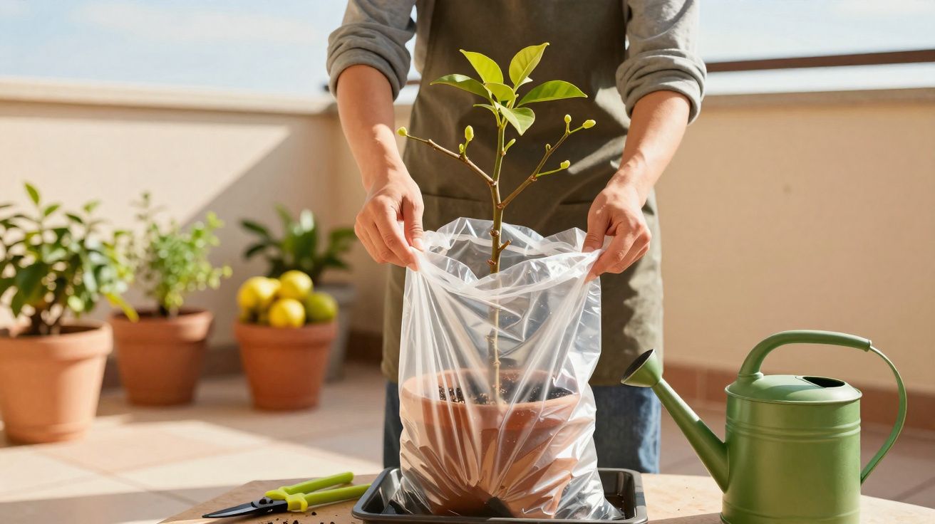 Pessoa a colocar saco plástico em vaso com planta jovem num terraço, rodeada de ferramentas de jardinagem.