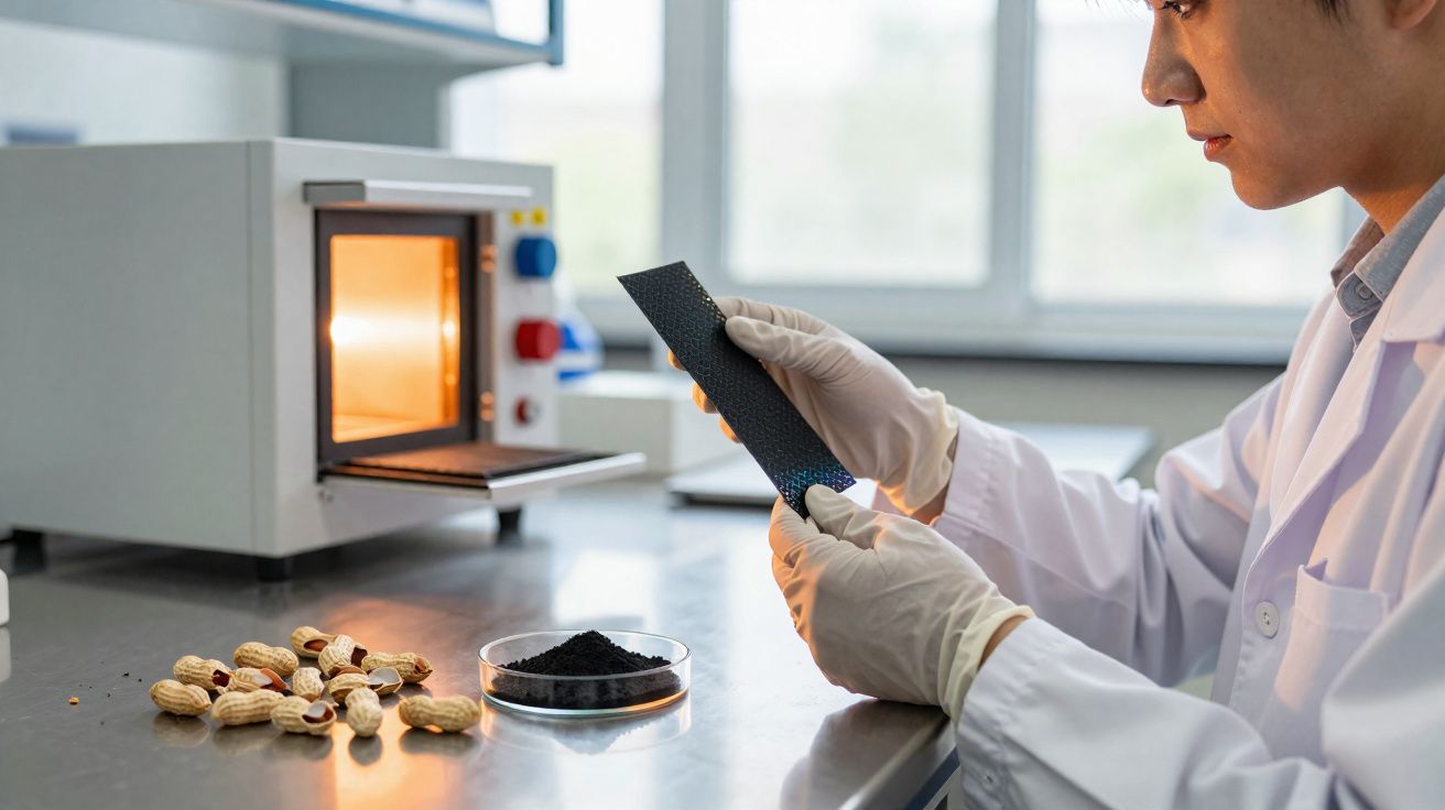 Cientista segura material preto em laboratório com amendoins e equipamento de análise ao fundo.