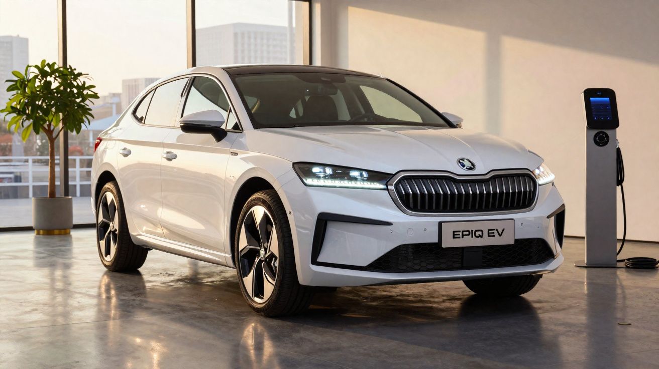 Carro elétrico branco Škoda Epiq EV estacionado junto a posto de carregamento interior com planta ao fundo.