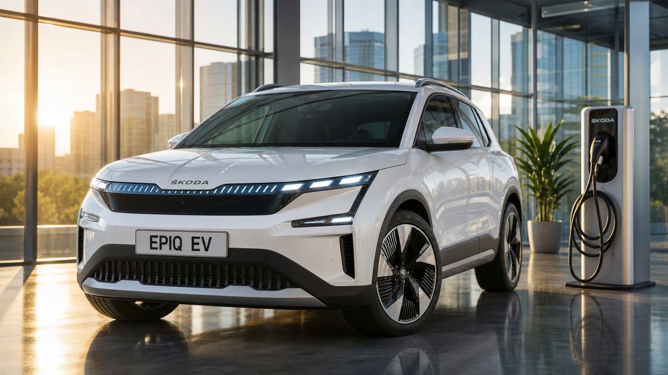 Carro elétrico Škoda Epiq EV branco estacionado numa garagem moderna junto a uma estação de carregamento.