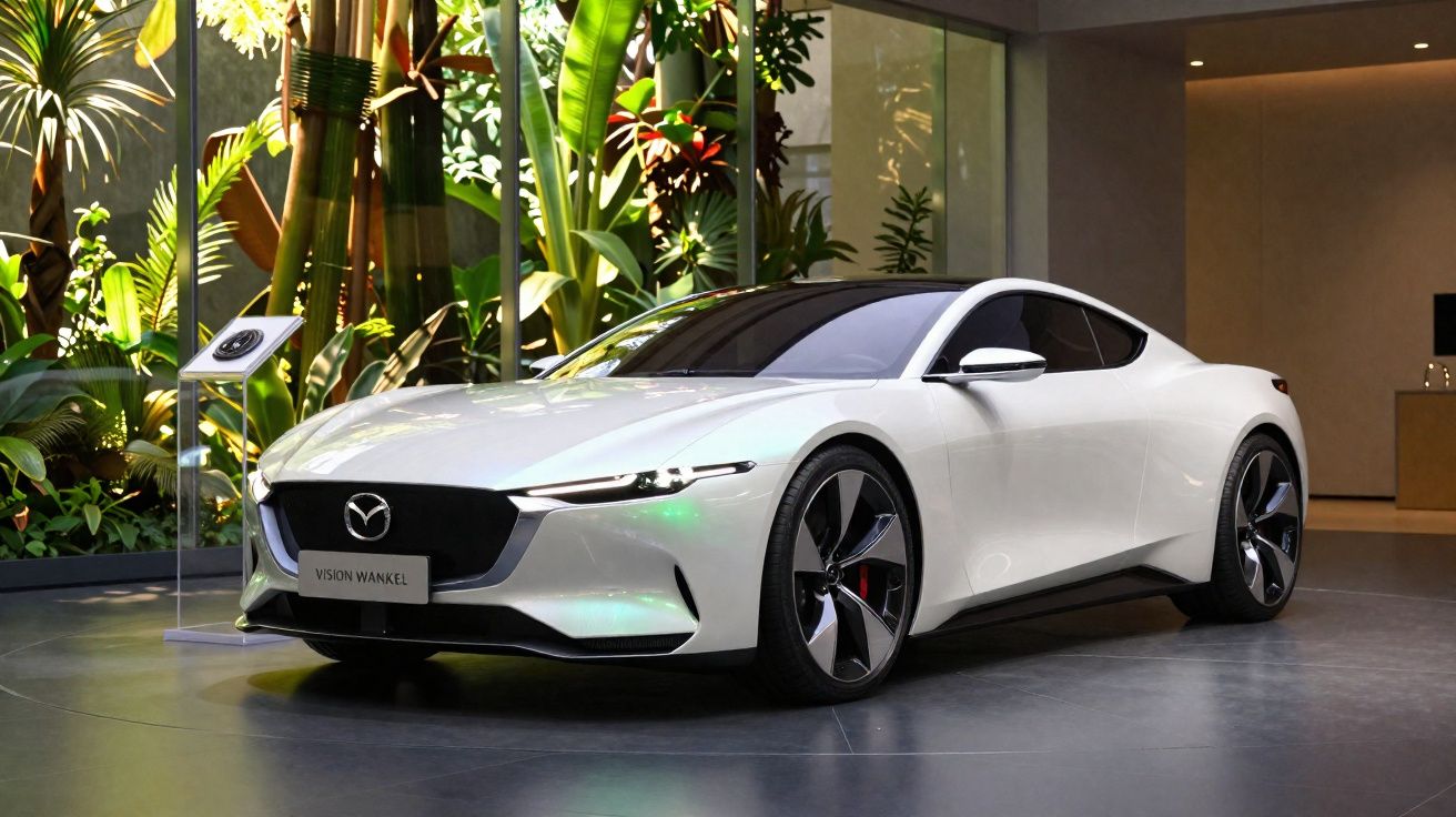 Carro desportivo branco Mazda Vision Wankel estacionado em ambiente moderno com plantas tropicais ao fundo.