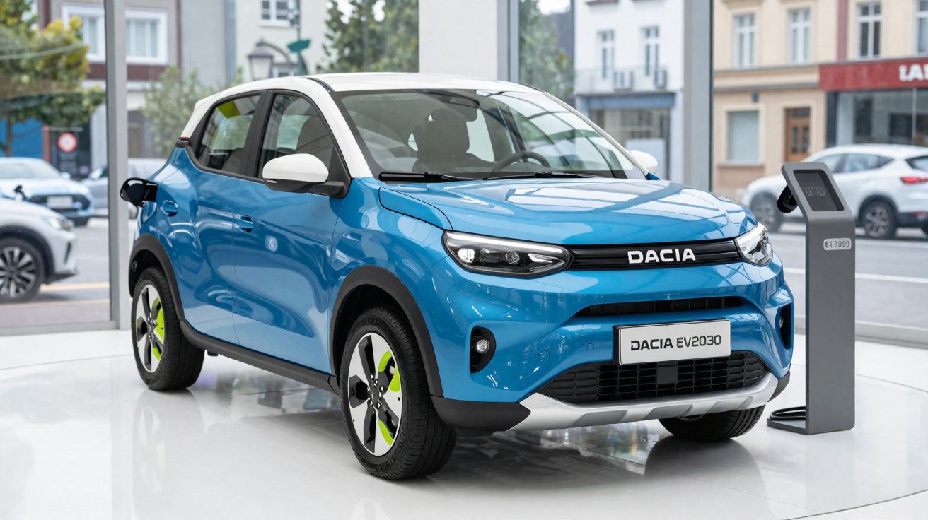 Carro elétrico azul Dacia EV2030 estacionado numa exposição, ligado a um carregador moderno.
