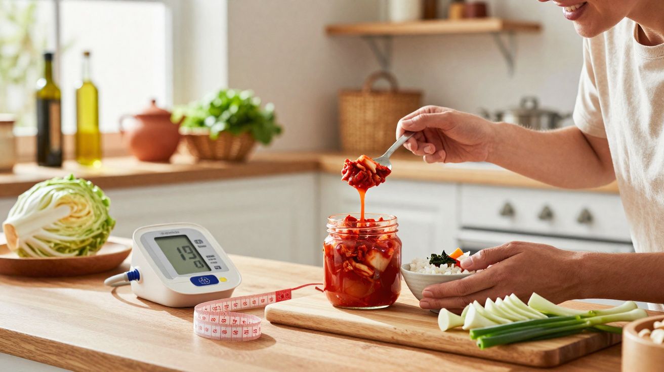 Pessoa a colocar kimchi num prato numa cozinha com medidor e fita métrica sobre a bancada de madeira.