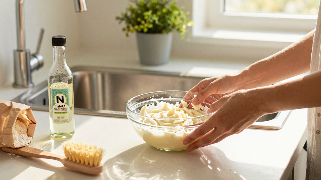 Pessoas a mexer massa numa tigela de vidro numa bancada de cozinha com luz natural.