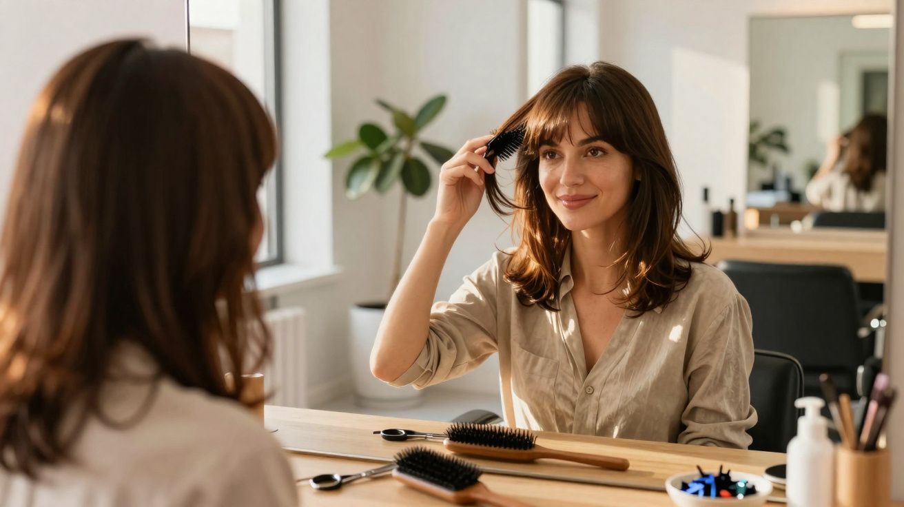 Mulher a pentear o cabelo à frente de um espelho, sorrindo, em ambiente claro e organizado.