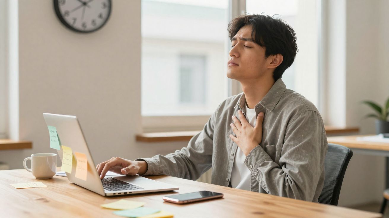Homem com expressão de desconforto a tocar o peito sentado numa secretária com portátil e telemóvel.