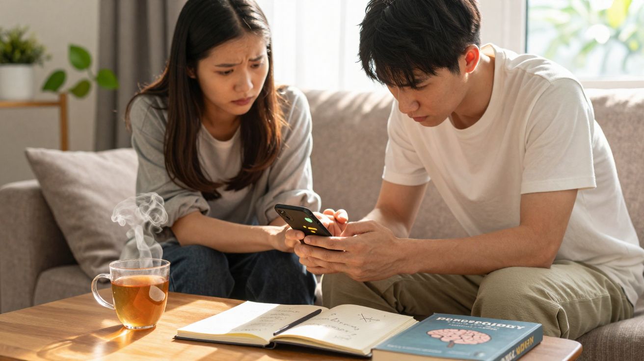 Casal jovem preocupado sentado no sofá, olhando para um telemóvel, com livros e chá numa mesa à frente.