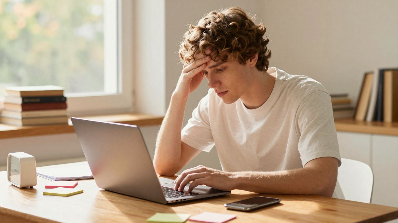 Jovem atento e preocupado a trabalhar num computador portátil numa mesa com objetos de escritório.