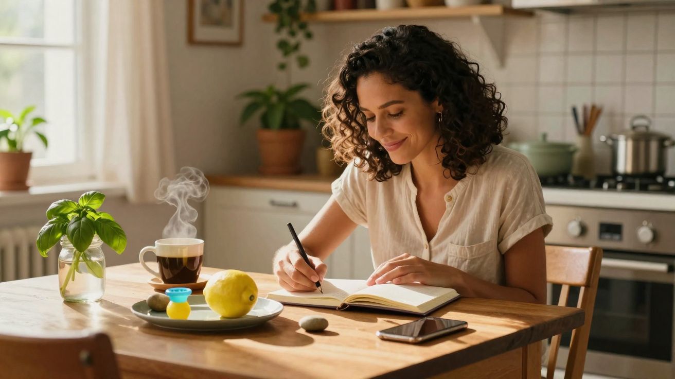 Mulher com cabelo cacheado sentada à mesa da cozinha a escrever num caderno, com chá e limão à sua frente.