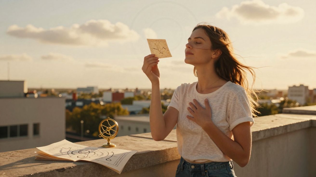 Mulher segura carta astral ao sol num terraço, com mapas e astrolábio na parede.