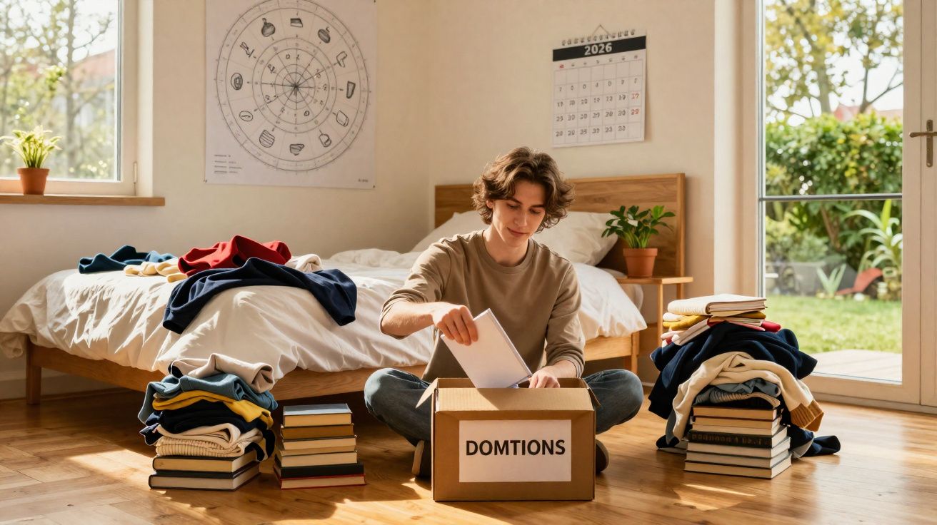 Jovem arruma livros numa caixa numa divisão luminosa com cama, janelas e roupa empilhada à volta.