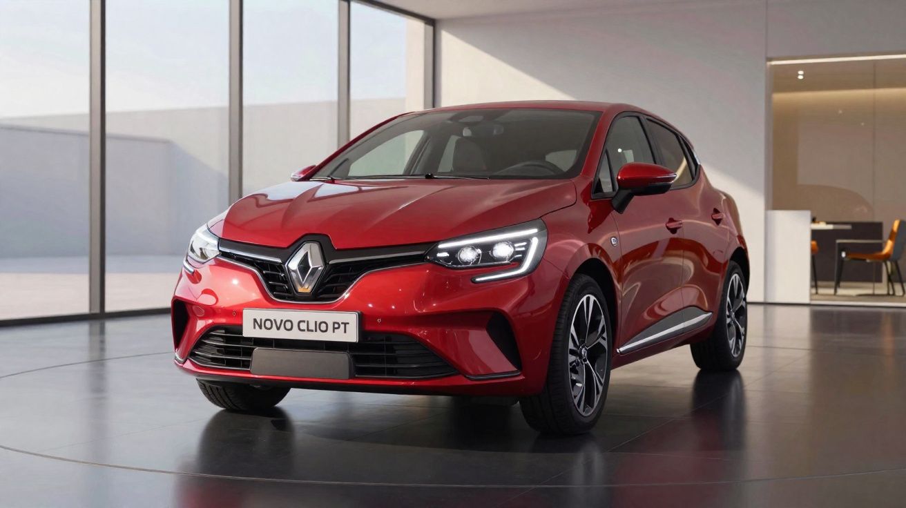 Carro vermelho Renault Novo Clio PT numa área interior moderna com grandes janelas.