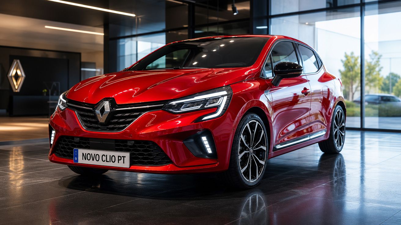 Carro vermelho Renault Novo Clio estacionado em showroom moderno com chão refletor.