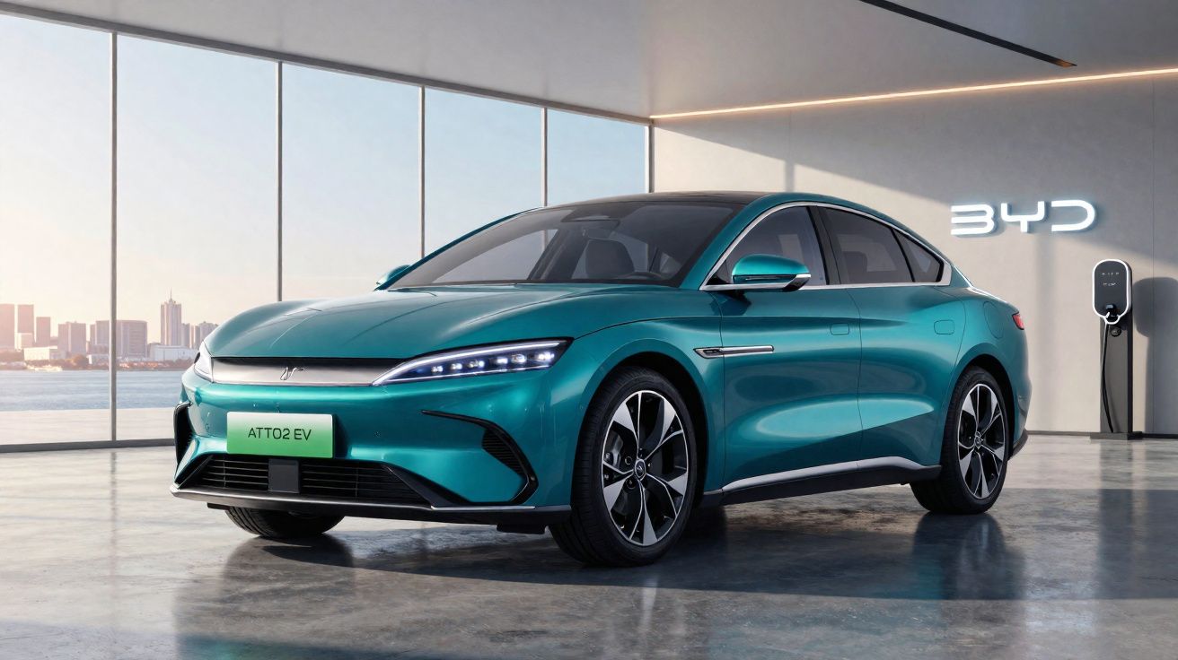 Carro elétrico azul BYD Atto 2 EV estacionado num espaço interior com janelas panorâmicas e estação de carregamento.