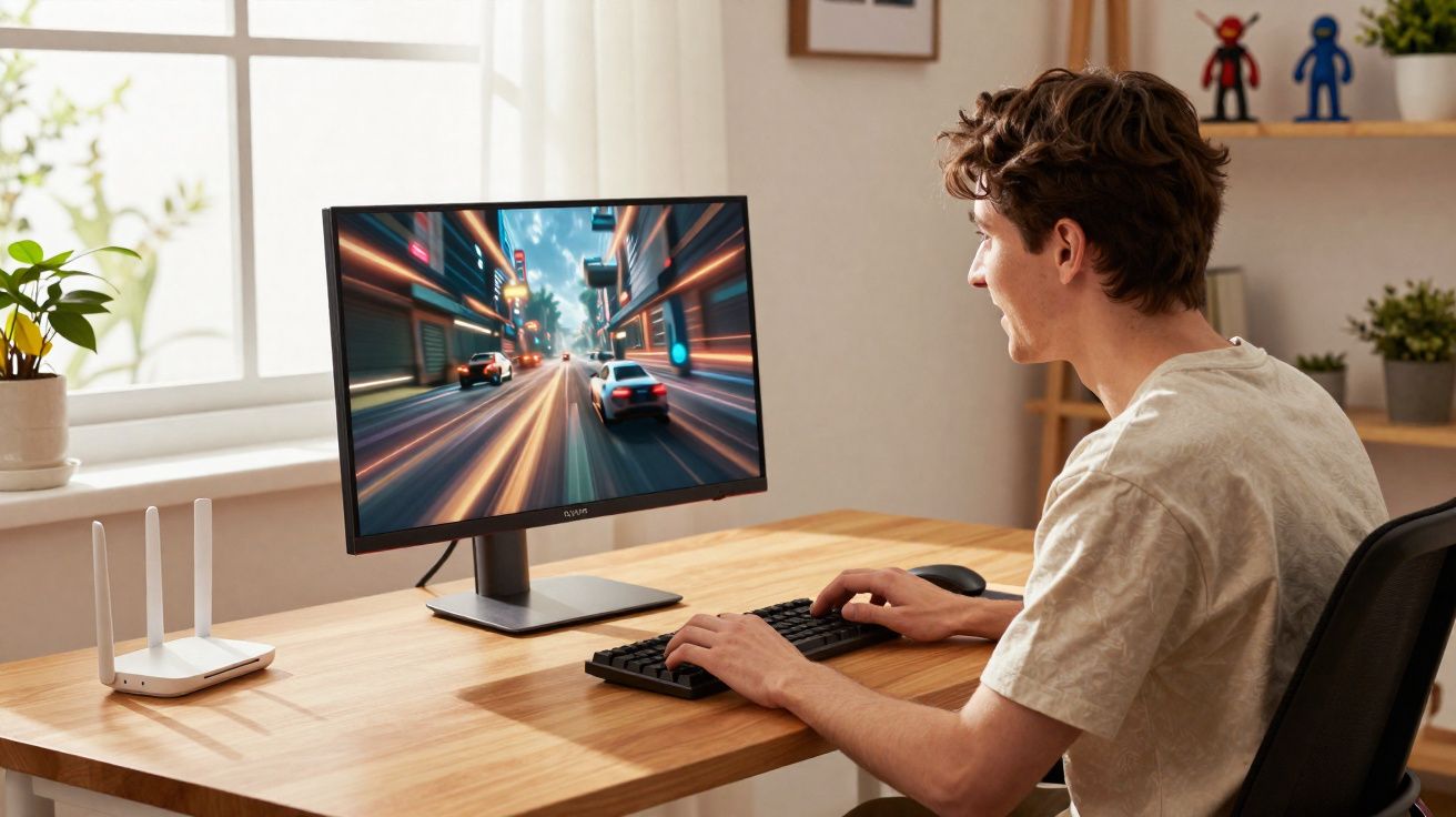 Jovem a jogar videojogo de corridas num computador numa secretária de madeira junto a uma janela.
