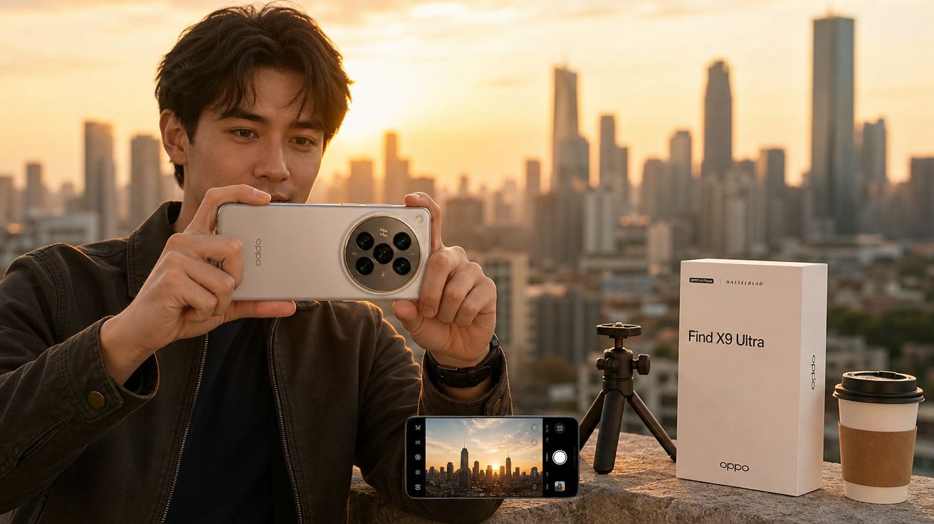 Homem fotografa a cidade ao pôr do sol com smartphone Oppo Find X9 Ultra numa varanda urbana.