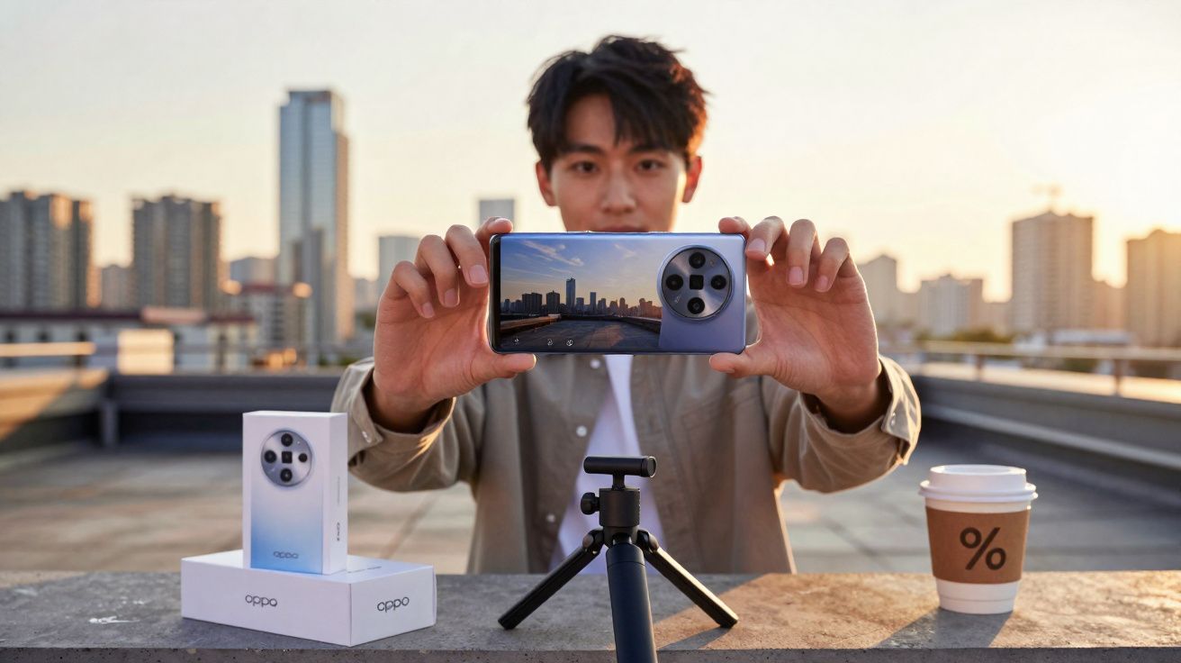 Homem a capturar foto com smartphone Oppo num terraço urbano ao pôr do sol.