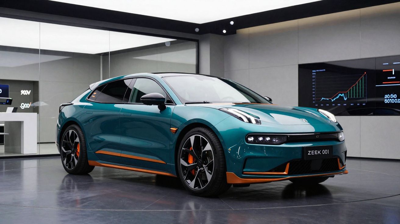 Carro elétrico azul e laranja ZEEK 001 em exposição numa sala moderna com ecrã digital ao fundo.