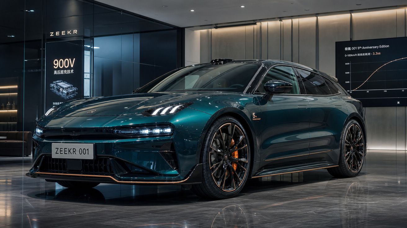 Carro elétrico Zeekr 001 verde metálico exibido em showroom moderno com iluminação ambiente.