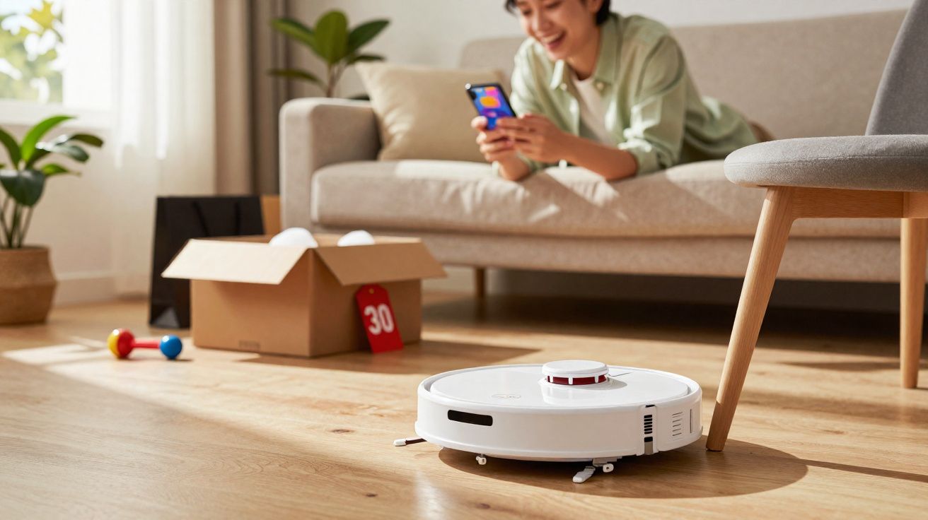 Robot aspirador branco a limpar chão de madeira com uma pessoa sorridente no sofá a controlar pelo telemóvel.