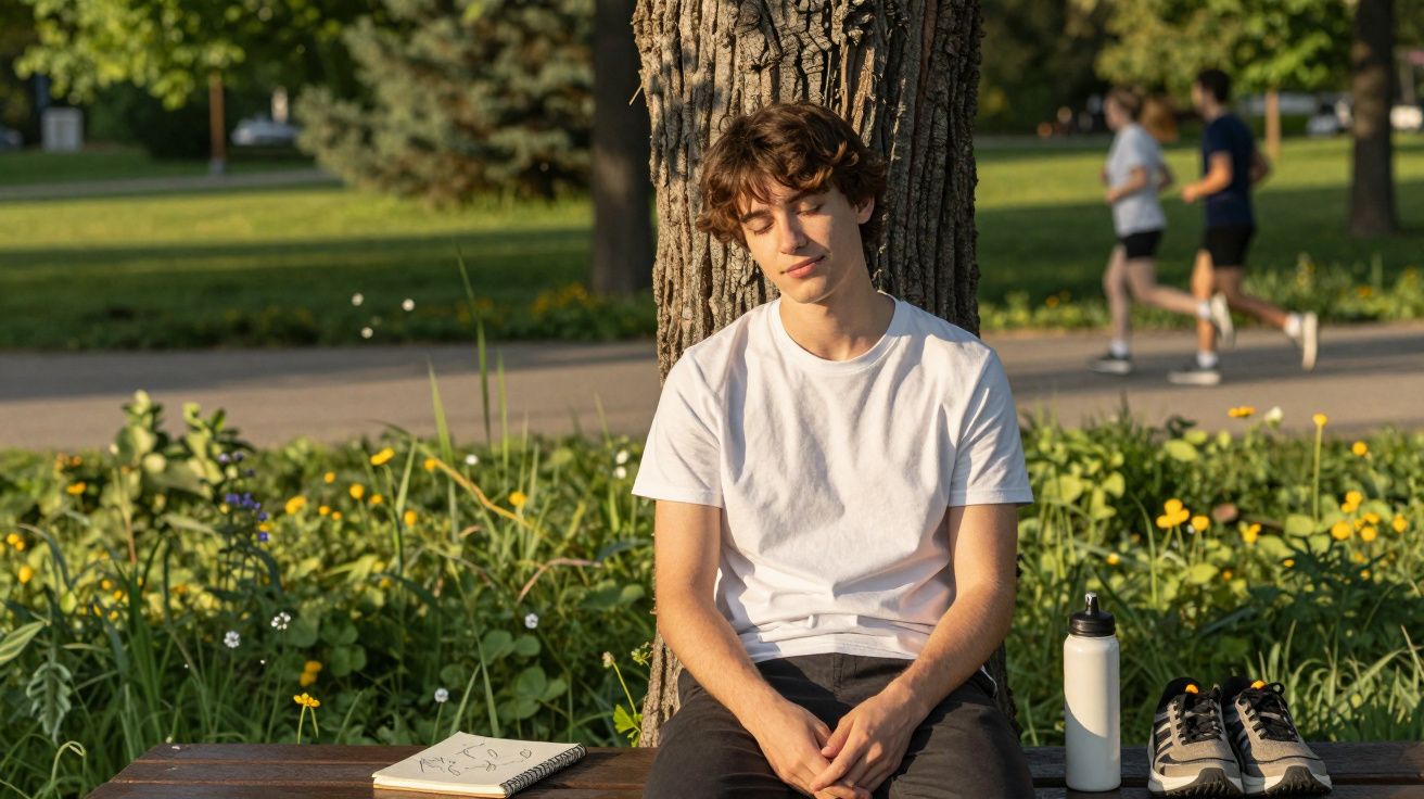 Jovem sentado a encostar-se a uma árvore num parque, com caderno, garrafa e ténis ao lado.